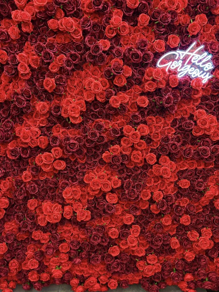 A rose hoto wall with a sign that says "Hello Gorgeous" in the top right corner.