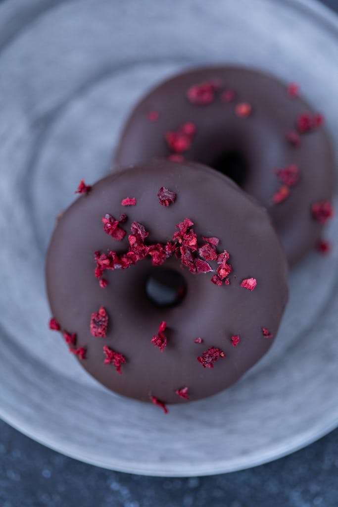 Two chocolate-glazed donuts topped with freeze-dried berry pieces on a plate, perfect for dessert lovers.